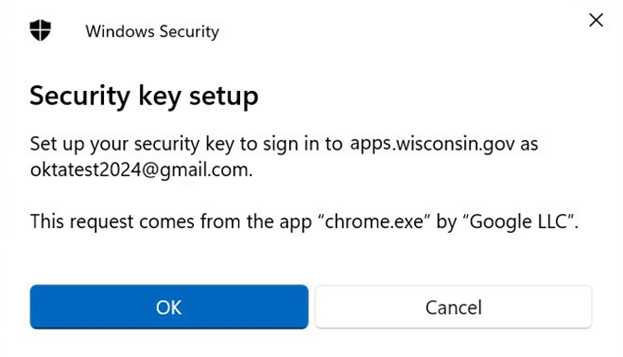 My Wisconsin ID confirm the details of the registration request for this security key Setup Screen