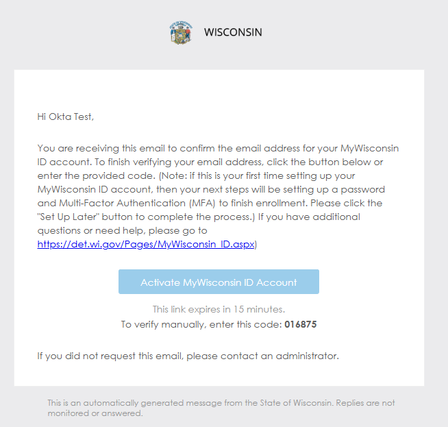 My Wisconsin ID Verfity Email Address Sample Email