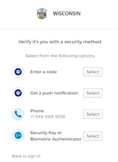 My Wisconsin ID verify it's you with a security method Screen