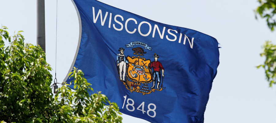 State of Wisconsin Flag waving in the sky